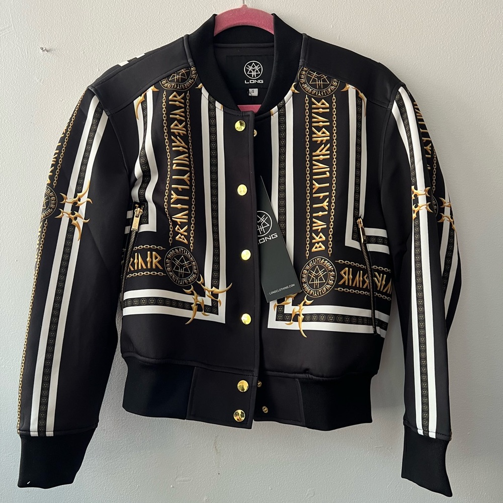 “Long clothing” (brand) black, gold, white patterned cropped bomber jacket S